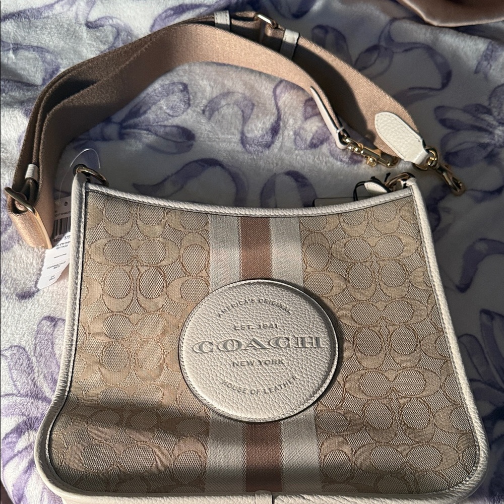 Coach Beige Signature Canvas Crossbody with Cream Trim and Tan Stripe